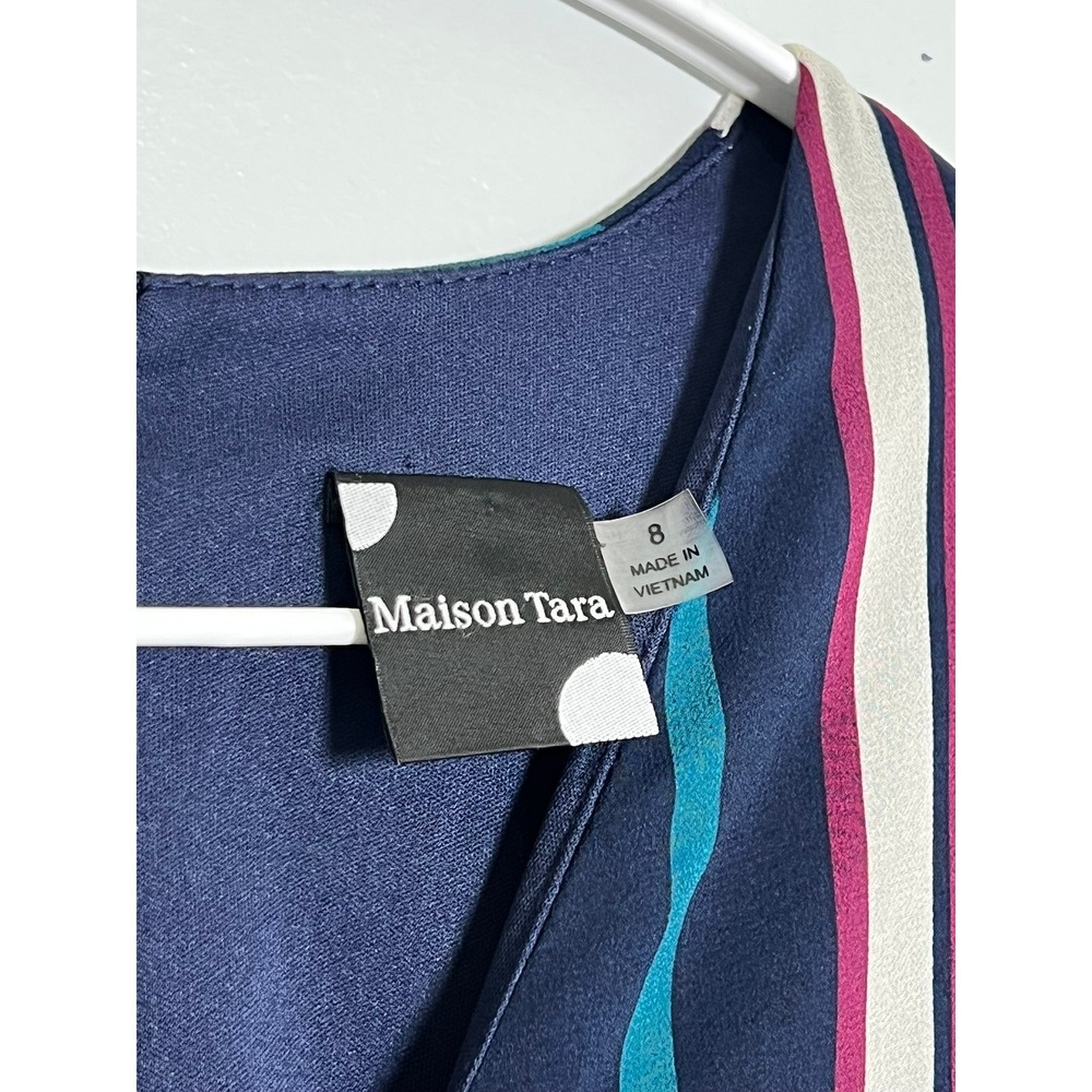 Maison Tara Womens Striped Faux Wrap Midi Dress Teal Navy Bell Sleeve Size 8 - Picture 8 of 11